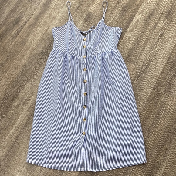 H&M button front midi dress striped blue white coastal seersucker dress 10 large - Picture 3 of 12